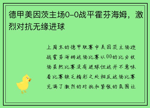德甲美因茨主场0-0战平霍芬海姆，激烈对抗无缘进球